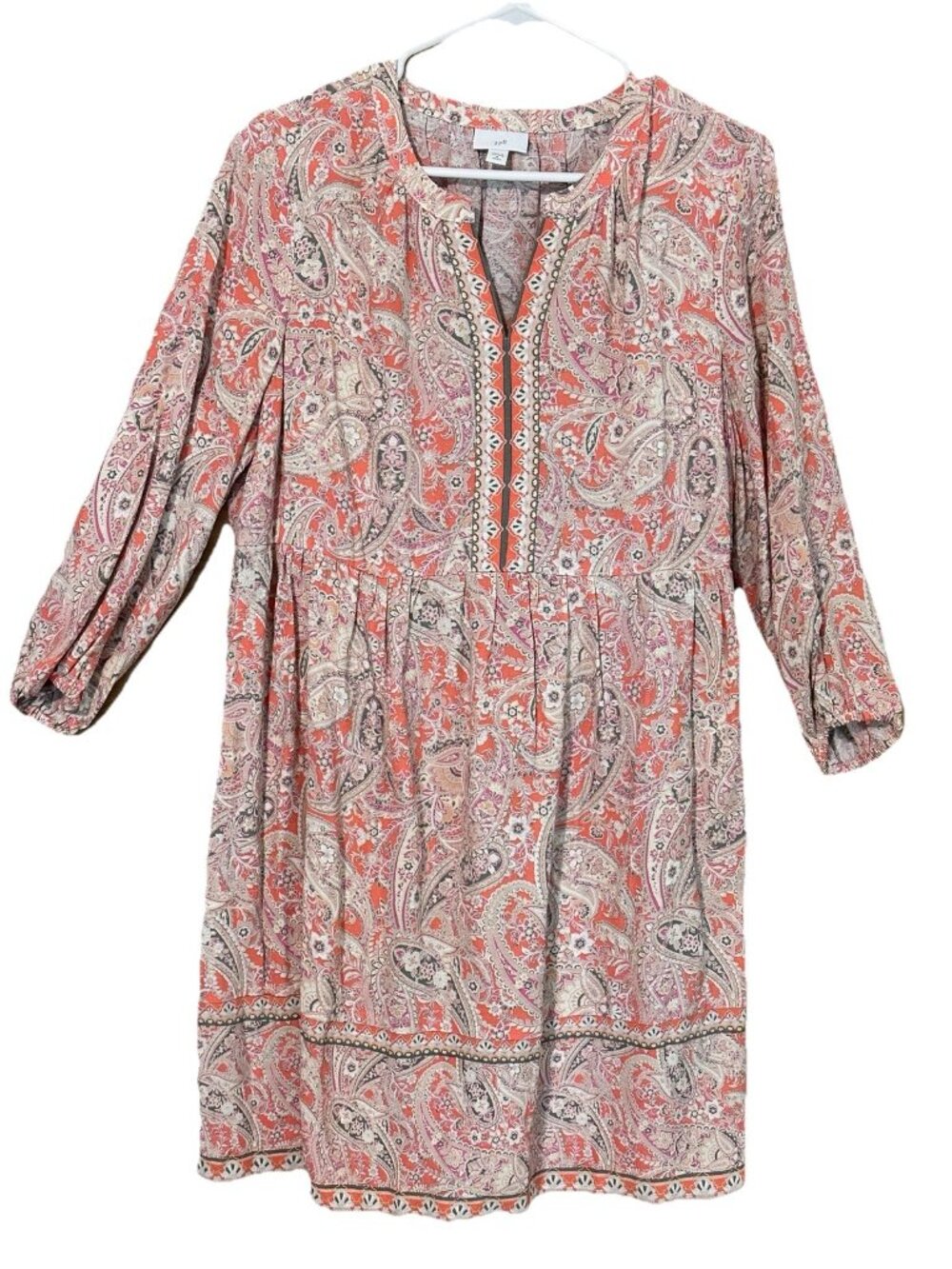 J. Jill  A-Line Peasant Dress MP Petite Coral Elegant Paisley Split Neck Boho
